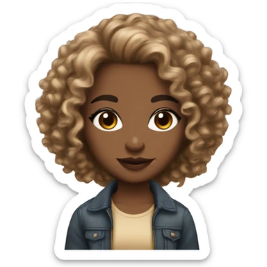 Curly dark brown hair, pointy nose, full lips without cupids bow, brown eyes, thick eyebrows and long lashes, light brown with golden tint skin tone  sticker