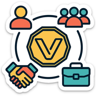 minimalistic abstract logo with orange-yellow palette, Volio logo at center, surrounded by symbolic HR icons person, group, handshake, briefcase, futuristic tech-style, high contrast on white, clean professional sticker