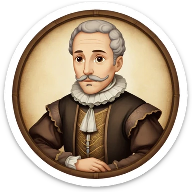 Cinematic Realistic Miguel de Cervantes Portrait Emoji, depicted as a wise thoughtful literary figure in period attire with a reflective gaze, rendered with detailed textures and soft historical lighting that captures his enduring literary legacy. sticker