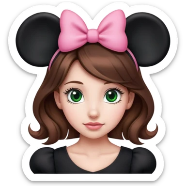 Brown hair girl with green eyes wearing black Minnie Mouse ears with a pink bow sticker