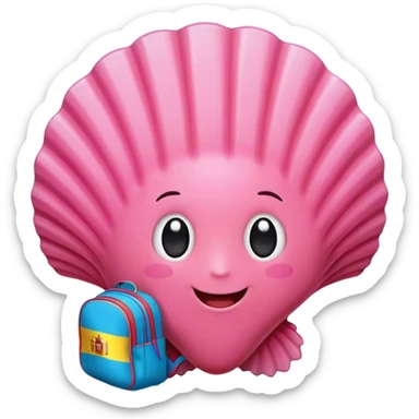 Create an emoji of a pink scallop shell wearing a backpack with a Spanish flag attached. The shell should have a friendly and adventurous expression, symbolizing travel and pilgrimage. Use vibrant colors with clear details, ensuring the Spanish flag is visibly waving from the backpack. The overall design should be cute, colorful, and suitable for use as an emoji. sticker