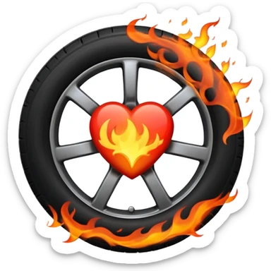 a burning car wheel, and in the center of the wheel there is a red heart sticker