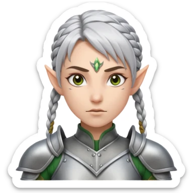 battle elf, tight braid, silver armor, fierce stare sticker