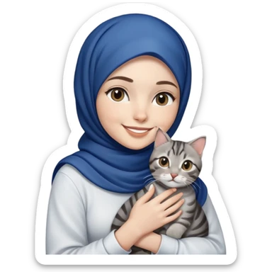 White girl wearing dark blue hijab with white shirt smiling while holding a black grey tabby cat sticker