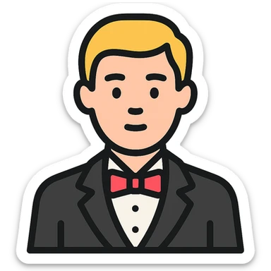 man in a vintage black and white suit, no facial hair, colored outline icon sticker