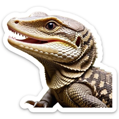 Cinematic Cute Yawning brown camo spotted monitor Lizard Portrait Emoji, Head tilted slightly with a dramatic, wide-open yawn, showcasing textured, patterned scales and sleepy, half-closed eyes exuding relaxed charm, Simplified yet irresistibly adorable features, highly detailed, glowing with a soft, cozy glow, high shine, relaxed yet expressive, stylized with a dash of whimsical wildness, soft glowing outline, capturing the essence of a drowsy yet affectionate reptile that appears ready to stretch out for a nap! sticker
