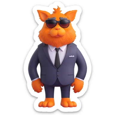large furry cartoon creature with big orange nose, wearing sunglasses and black tie, standing upright, looking slightly to the left, grumpy expression, centered full body, plain blue background, 3D rendering style, smooth textures, bright lighting, humorous and playful mood sticker