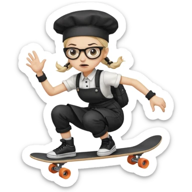 ["An angry woman with light skin, ponytail, wearing a chef hat and square glasses, dressed in goth fashion, is skateboarding while holding a backpack."] sticker