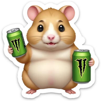 Funny cartoon-style fat hamster wide eyed like a crackhead holding a can of monster energy in one hand and redbull in the other hand sticker
