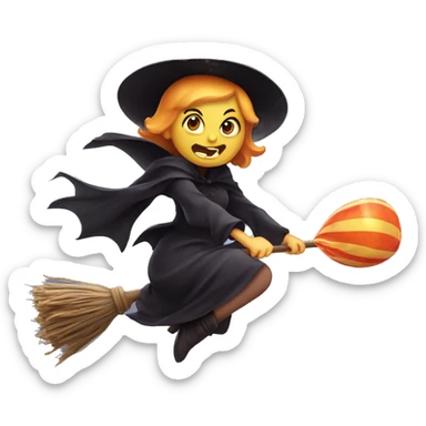 Scarry witch flying on a broom facing right throwing candy. sticker