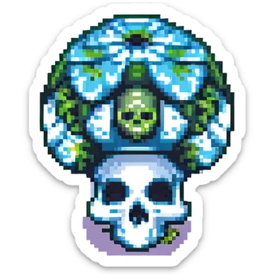pixel art of a toxic mushroom with a skull pattern, retro game style sticker