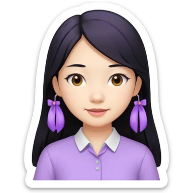 Asian girl, long black hair, lilac bando, white shirt, cheerful sticker