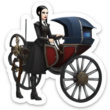 Wednesday Addams Jedi bounty hunter driving a modern blue,red and pewter steampunk electric luxury carriage  sticker