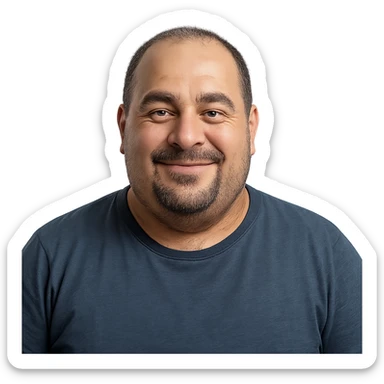 chubby Lebanese man with a goatee and short hair, smiling, portrait, realistic style sticker