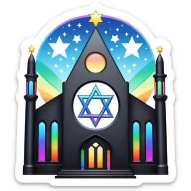 jewish synagogue temple in dark goth aesthetic style with black building and light rainbow tint glass windows and star of david and celestial symbolism sticker