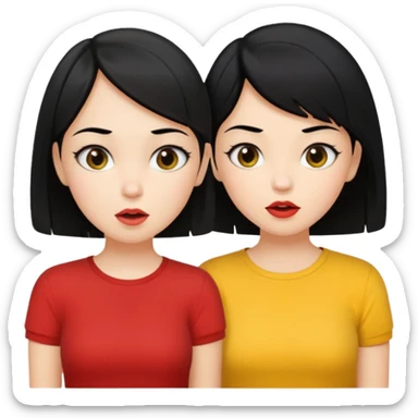 2 girls gossiping. both are fair and have black hair. One has short hair, one has long. One is wearing yellow, one is wearing red sticker