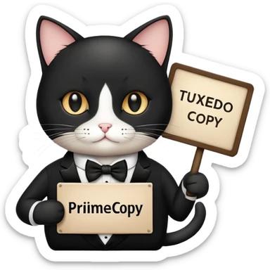 Cat in a black suit holding a sign with the inscription “PrimeCopy” sticker
