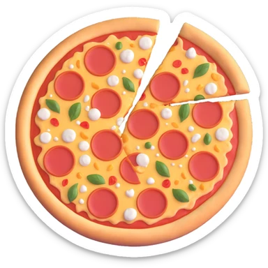 uncooked frozen pizza, round shape, pale dough base, evenly placed toppings like cheese, tomato sauce, pepperoni and vegetables, surface firm with slight frost and subtle ice crystals, matte finish, clean 3D rendering, soft lighting, subtle shadowing, emoji scale sticker