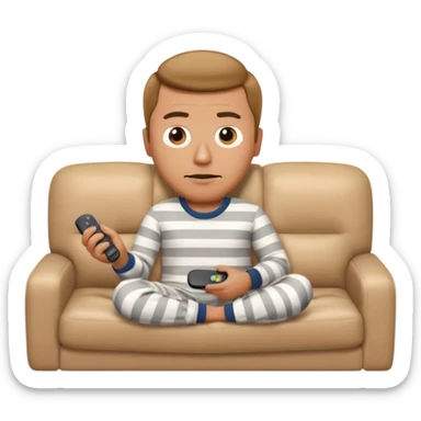 male memoji, lazy man in pajamas, lying on couch, holding TV remote, relaxed bored face, casual home vibe sticker