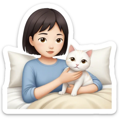 Short hair Asian girl wake up with white cat , sunshine  sticker