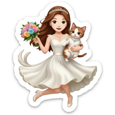 White woman - long hair - white wedding dress - holding a kitten - happy - jumping - fashionable - elegant - bouquet - dreamy - colorful - pearl accessories sticker