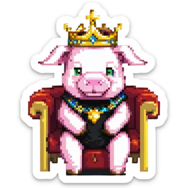 Minecraft style pig with a golden crown sitting on a throne, inspired by Technoblade sticker