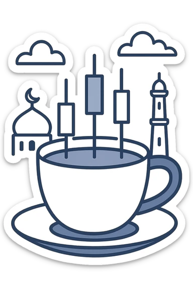 coffee cup with trading candlesticks inside, flat modern style, Middle Eastern trading theme sticker