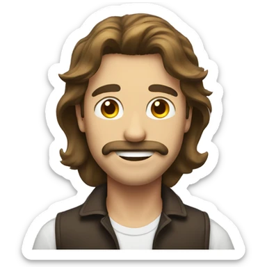 guy with long brown hair and mustache and smile sticker