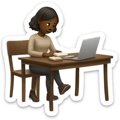 A girl at a table with a laptop. A a cup of coffee on the left side of the table. Books on the right side of the table. in beige tones sticker