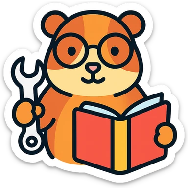 studious guinea pig with glasses, holding a wrench and fixing a book, color outline icon sticker