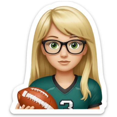 long blonde hair with bangs small black rectangle glasses female green eyes football player wearing eagles jersey number 33 holding football sticker
