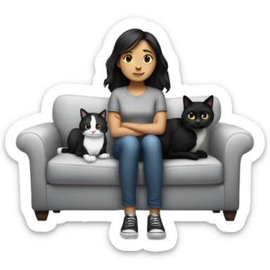 dark haired girl sitting on couch with a black and white cat in her lap sticker