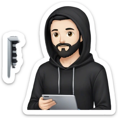 hackeur blanc cheveux noir barbe et capuche noir à côté d'un server sticker