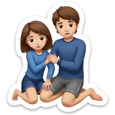 boy with messy brown hair and short putting his foot on a kneeling girl's head sticker
