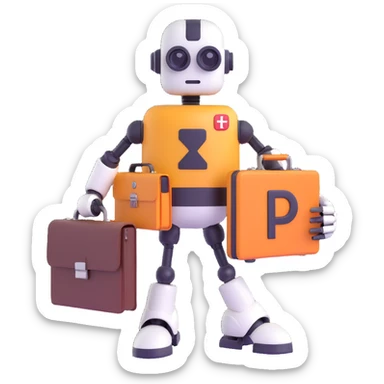 modern robot with a briefcase and a plus sign, using Slack's color palette, clean professional style, suitable for Slack profile icon, representing new customer organization created webhook for B2B SaaS LLM evaluation company sticker
