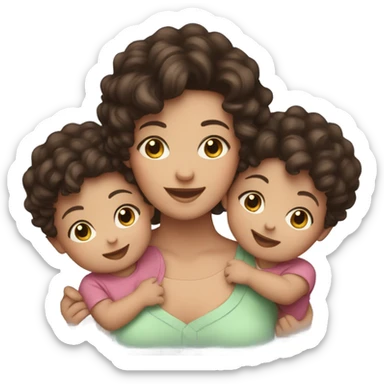 a mom with short dark brown curly hair  and 2 twins baby’s one boy one girl sticker