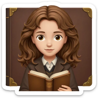 Hermione Granger with wavy hair and brown book in hand  sticker