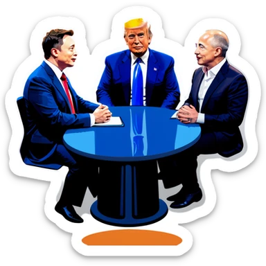 Jesus, Buddha, Elon Musk, Jeff Bezos, and Trump in a meeting sticker