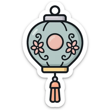 beautiful elegant Chinese lantern with decorative elements, thin clean outlines, soft rounded shapes, pastel palette #98B5BC, #B5B3C1, #C9A3C9, #E4C0CA, #F7DCD1, #F7C0AA, detailed shadows and highlights, soft lighting, transparent background, oriental style sticker