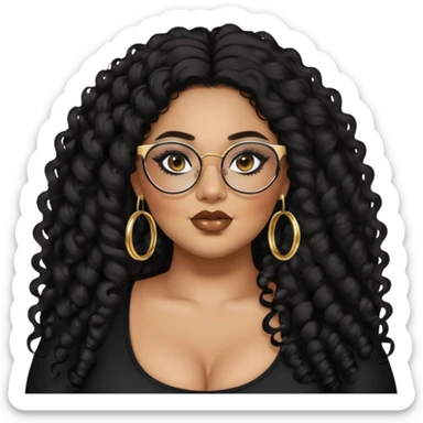 big plus size, latina, darker tan skin, gold hoops, long black curly hair, baddie,pretty, makeup, lipgloss, black eyeliner, long hair, black top, black glasses sticker