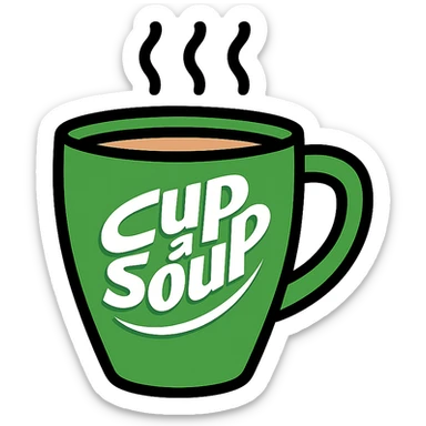 green cup with Cup A Soup branding, bold colors, outlined, suitable for an app icon sticker