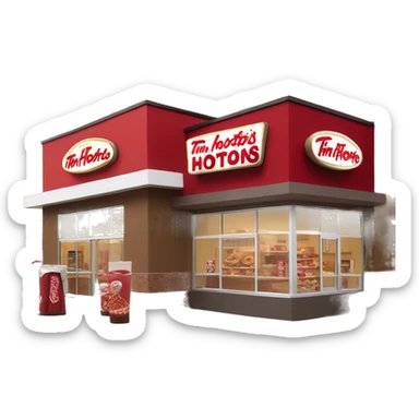 “Tim Hortons store with a red and white color scheme, featuring the classic Tim Hortons logo, a warm and welcoming design that represents a popular coffee and donut shop.” sticker