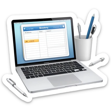 online booking system on MacBook screen next to old-style paper notebook with pen sticker