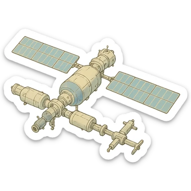 ghibli style illustration of Tiangong orbital station with soft colors sticker