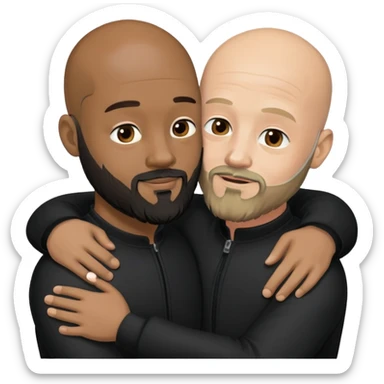 Two males hugging wearing all black both bald both have beards one African American and the other Caucasian  sticker