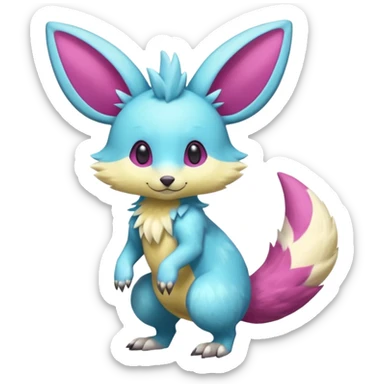 Cute Shiny smooth silky soft Cyan-Yellowish-Magenta Minccino-Zeraora-Emolga-Vernid-Sergal-fusion-hybrid-animal-creature, full body sticker