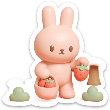 bunny picking strawberries in the woods, sweet pastel red, vinyl figure style sticker