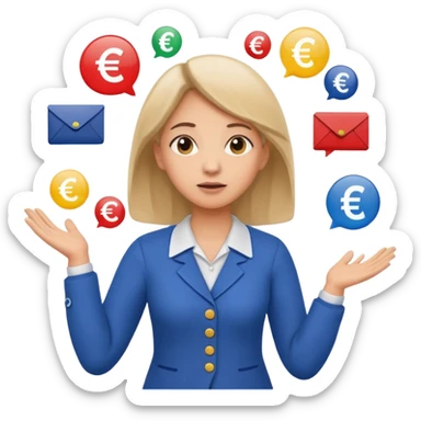 A confused female kindergardenteacher shrugging shoulders with euro symbols and documents floating around. sticker