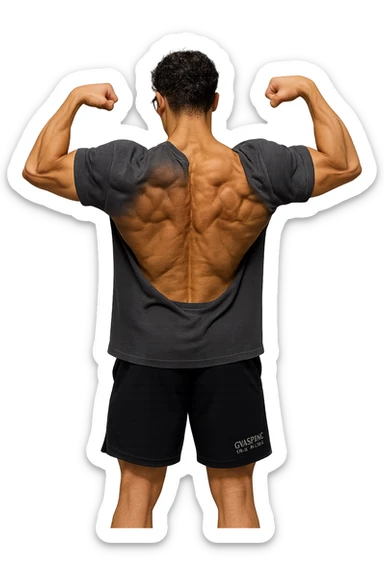 lascia questo ragazzo identico ma fallo in piedi di spalle con fasci muscolari della schiena contratti, senza macchinari, solo la sua figura, iperealistico 4k sticker