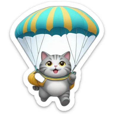 fat grey cat flying with a parachute sticker